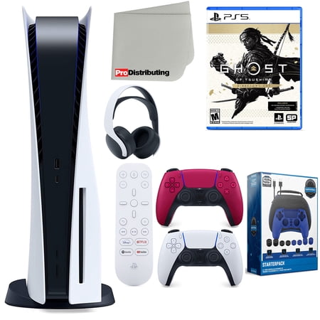 Sony Playstation 5 Disc Version (Sony PS5 Disc) with Cosmic Red Extra Controller, Headset, Media Remote, Ghost of Tsushima - Director's Cut, Accessory Starter Kit and Microfiber Cleaning Cloth Bundle