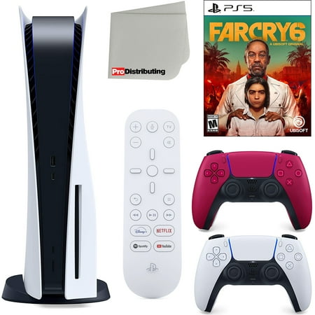 Sony Playstation 5 Disc Version (Sony PS5 Disc) with Cosmic Red Extra Controller, Media Remote, Far Cry 6, Accessory Starter Kit and Microfiber Cleaning Cloth Bundle