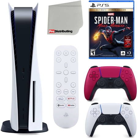 Sony Playstation 5 Disc Version (Sony PS5 Disc) with Cosmic Red Extra Controller, Media Remote, Spider-Man: Miles Morales Ultimate Launch Edition, Accessory Starter Kit and Microfiber Cleaning Cloth