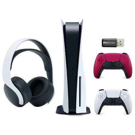 Sony Playstation 5 Disc Version (Sony PS5 Disc) with Cosmic Red Extra DualSense Wireless Controller, PULSE 3D Wireless Gaming Headset and Micro SD Card USB Adapter Bundle