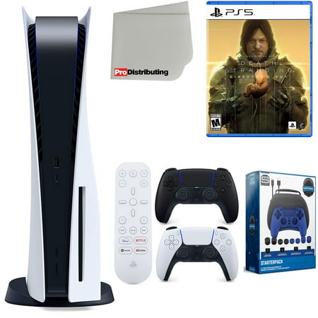 Sony Playstation 5 Disc Version (Sony PS5 Disc) with Midnight Black Extra Controller, Media Remote, Death Stranding Director's Cut, Accessory Starter Kit and Microfiber Cleaning Cloth Bundle