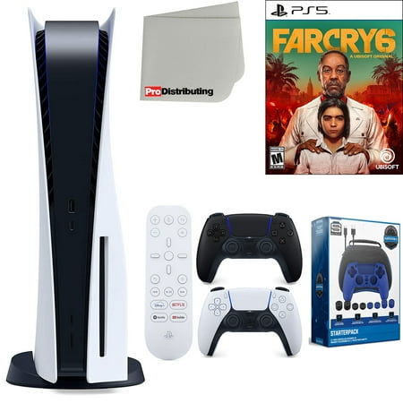 Sony Playstation 5 Disc Version (Sony PS5 Disc) with Midnight Black Extra Controller, Media Remote, Far Cry 6, Accessory Starter Kit and Microfiber Cleaning Cloth Bundle
