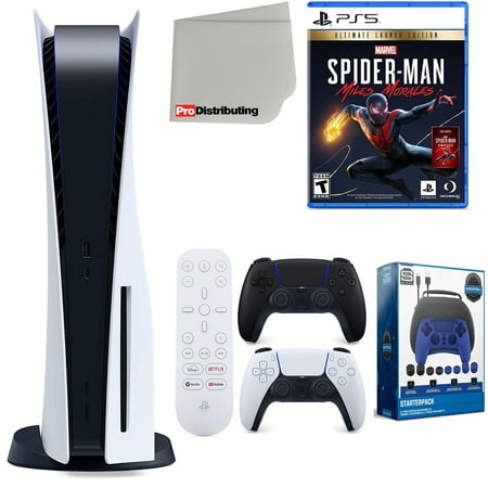 Sony Playstation 5 Disc Version (Sony PS5 Disc) with Midnight Black Extra Controller, Media Remote, Spider-Man: Miles Morales Ultimate Launch Edition, Accessory Starter Kit and Cleaning Cloth Bundle