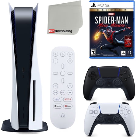 Sony Playstation 5 Disc Version (Sony PS5 Disc) with Midnight Black Extra Controller, Media Remote, Spider-Man: Miles Morales Ultimate Launch Edition, Accessory Starter Kit and Cleaning Cloth Bundle