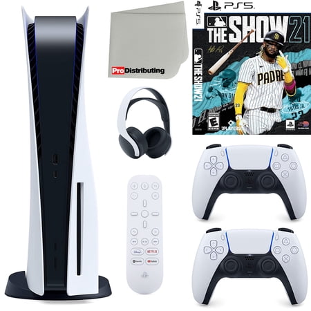 Sony Playstation 5 Disc Version (Sony PS5 Disc) with White Extra Controller, Headset, Media Remote, MLB The Show 21 and Microfiber Cleaning Cloth Bundle