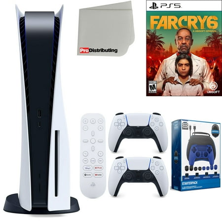 Sony Playstation 5 Disc Version (Sony PS5 Disc) with White Extra Controller, Media Remote, Far Cry 6, Accessory Starter Kit and Microfiber Cleaning Cloth Bundle