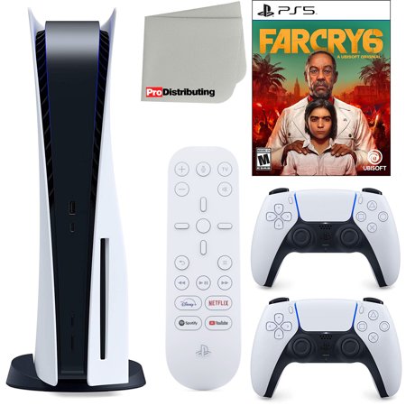 Sony Playstation 5 Disc Version (Sony PS5 Disc) with White Extra Controller, Media Remote, Far Cry 6, Accessory Starter Kit and Microfiber Cleaning Cloth Bundle