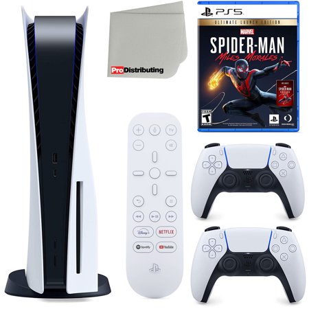 Sony Playstation 5 Disc Version (Sony PS5 Disc) with White Extra Controller, Media Remote, Spider-Man: Miles Morales Ultimate Launch Edition, Accessory Starter Kit and Microfiber Cleaning Cloth Bundle