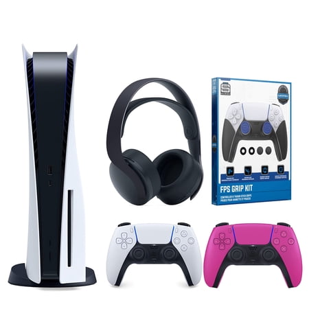 Sony Playstation 5 Disc Version (Sony PS5 Disc) with Extra Nova Pink Controller, Black PULSE 3D Headset and Control Grip Pack Bundle