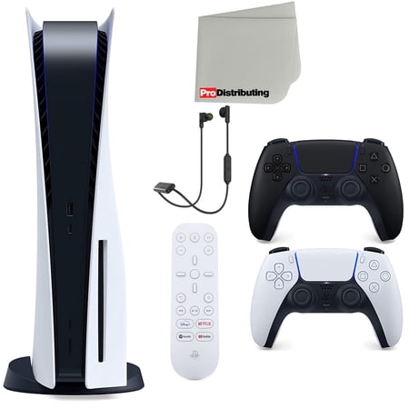 Sony Playstation 5 Disc Version (Sony PS5 Disc) with Midnight Black Extra Controller, Earbuds, Media Remote and Microfiber Cleaning Cloth Bundle