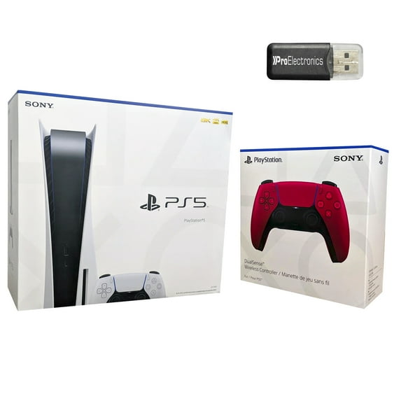 Sony Playstation 5 Disc Version with Cosmic Red Extra DualSense Wireless Controller and Micro SD Card USB Adapter Bundle