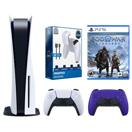 Sony Playstation 5 Disc with God of War Ragnarök Launch Edition, Extra Controller and Battery Pack Bundle - Galactic Purple