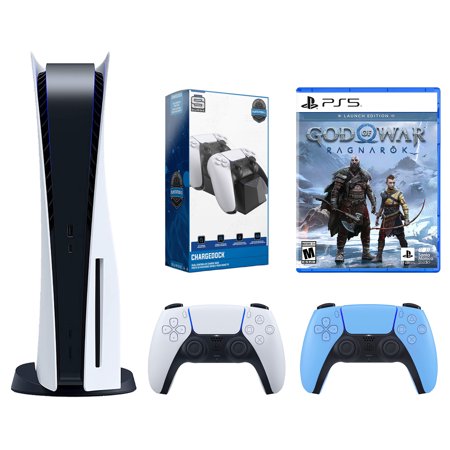 Sony Playstation 5 Disc with God of War Ragnarök Launch Edition, Extra Controller and Dual Charge Dock Bundle - Starlight Blue