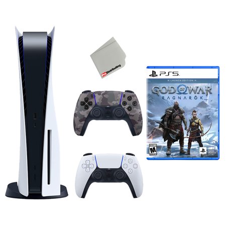 Sony Playstation 5 Disc with God of War Ragnarök Launch Edition, Extra Controller and Microfiber Cloth Bundle - Gray Camo