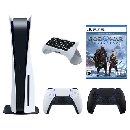 Sony Playstation 5 Disc with God of War Ragnarök Launch Edition, Extra Controller and QuickType 2.0 Controller Keypad Bundle - Midnight Black