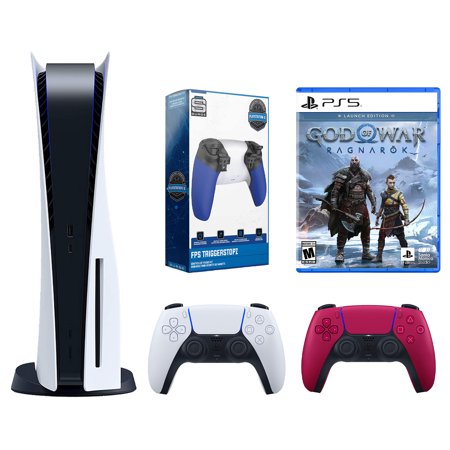 Sony Playstation 5 Disc with God of War Ragnarök Launch Edition, Extra Controller and Trigger Kit Bundle - Cosmic Red