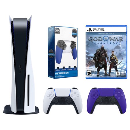 Sony Playstation 5 Disc with God of War Ragnarök Launch Edition, Extra Controller and Trigger Kit Bundle - Galactic Purple