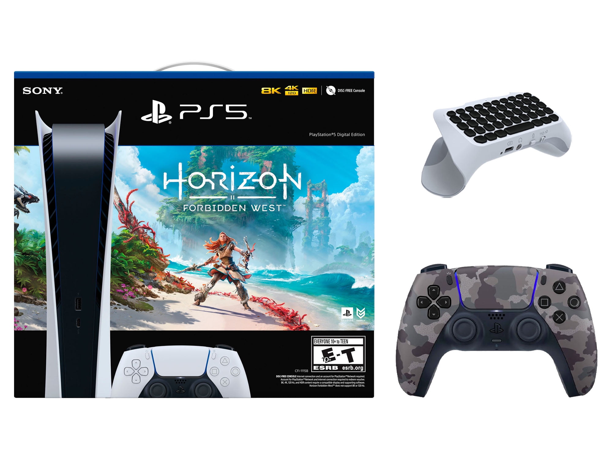 Sony Playstation 5 Horizon Forbidden West Digital Edition with Extra Gray Camo Controller and Starter Pack Kit Bundle