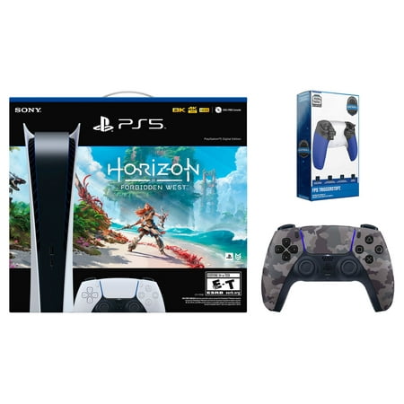 Sony Playstation 5 Horizon Forbidden West Digital Edition with Extra Gray Camo Controller and Trigger Kit Bundle