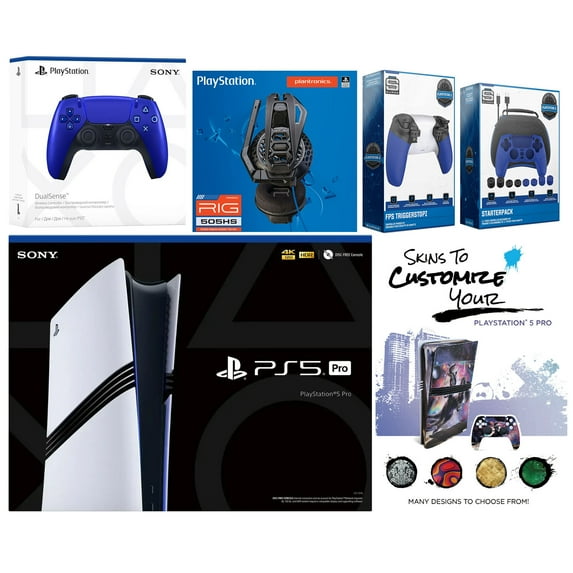 Sony Playstation 5 Pro Bundle with Extra Cobalt Blue Controller, Plantronics Headset, Pro Gamer Kit, Trigger Kit and MightySkins Decal Voucher Plus 1 Year CPS Extended Warranty
