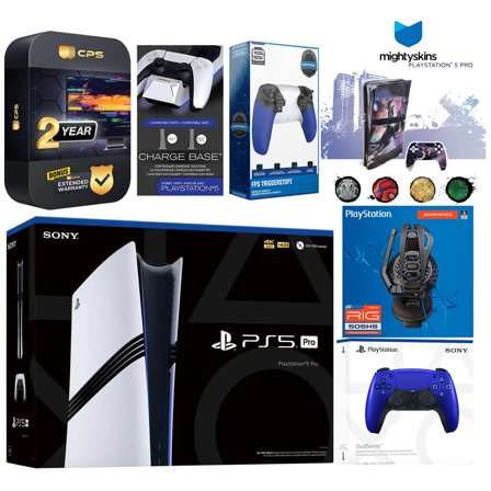 Sony Playstation 5 Pro Bundle with Extra Cobalt Blue Controller, Plantronics Headset, Trigger Stop Kit, Dual Charge Dock and MightySkins Decal Voucher Plus 2 Year CPS Extended Warranty