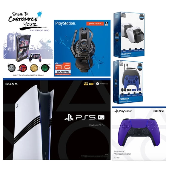 Sony Playstation 5 Pro Bundle with Extra Galactic Purple Controller, Plantronics Headset, Pro Gamer Kit, Dual Charge Dock and MightySkins Decal Voucher Plus 1 Year CPS Extended Warranty
