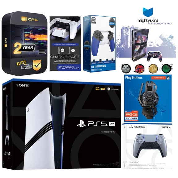 Sony Playstation 5 Pro Bundle with Extra Sterling Silver Controller, Plantronics Headset, Trigger Stop Kit, Dual Charge Dock and MightySkins Decal Voucher Plus 2 Year CPS Extended Warranty