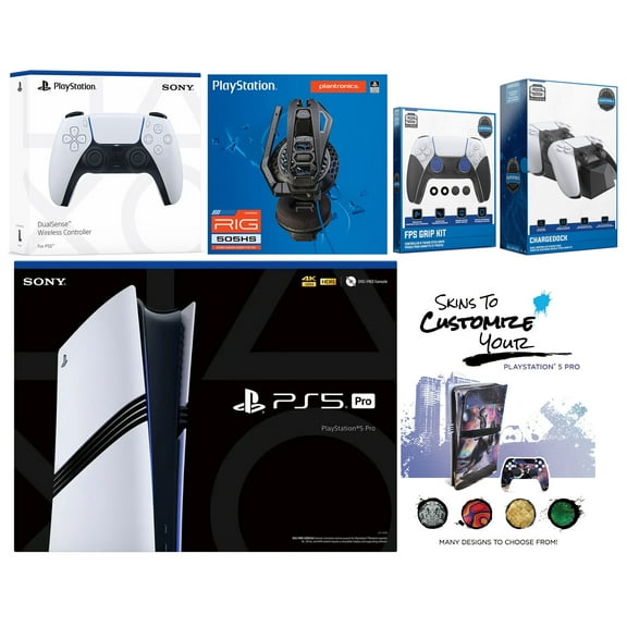 Sony Playstation 5 Pro Bundle with Extra White Controller, Plantronics Headset, FPS Grip Kit, Dual Charge Dock and MightySkins Decal Voucher Plus 1 Year CPS Extended Warranty