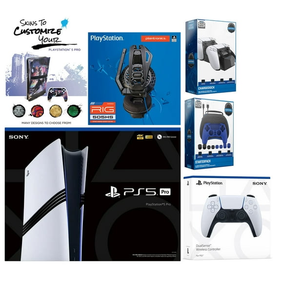 Sony Playstation 5 Pro Bundle with Extra White Controller, Plantronics Headset, Pro Gamer Kit, Dual Charge Dock and MightySkins Decal Voucher Plus 2 Year CPS Extended Warranty