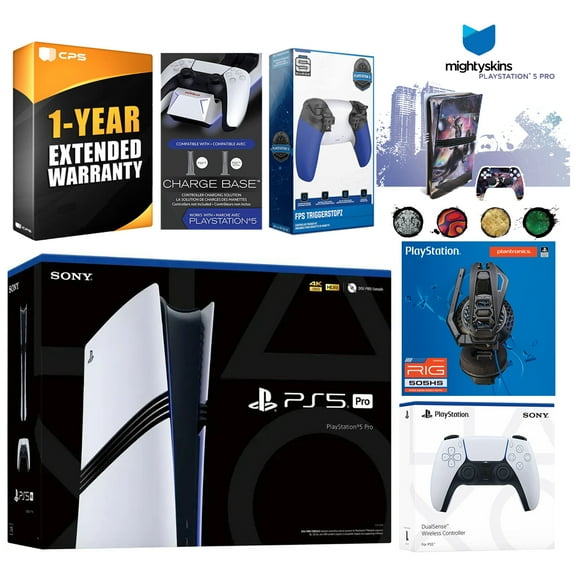 Sony Playstation 5 Pro Bundle with Extra White Controller, Plantronics Headset, Trigger Stop Kit, Dual Charge Dock and MightySkins Decal Voucher Plus 1 Year CPS Extended Warranty