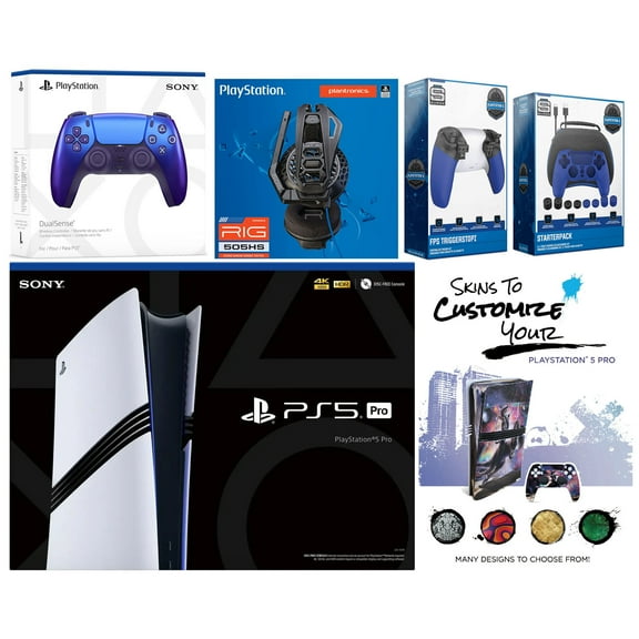 Sony Playstation 5 Pro Bundle with Extra Chroma Indigo Controller, Plantronics Headset, Pro Gamer Kit, Trigger Kit and MightySkins Decal Voucher