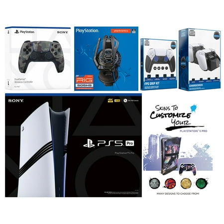 Sony Playstation 5 Pro Bundle with Extra Gray Camo Controller, Plantronics Headset, FPS Grip Kit, Dual Charge Dock and MightySkins Decal Voucher