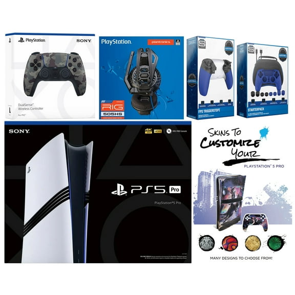 Sony Playstation 5 Pro Bundle with Extra Gray Camo Controller, Plantronics Headset, Pro Gamer Kit, Trigger Kit and MightySkins Decal Voucher