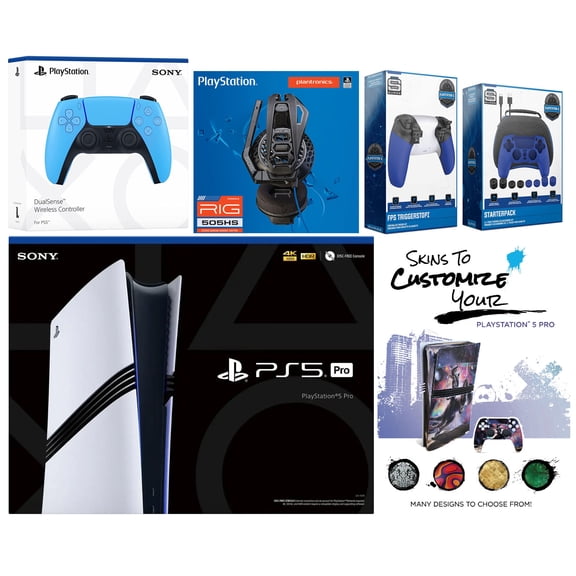 Sony Playstation 5 Pro Bundle with Extra Starlight Blue Controller, Plantronics Headset, Pro Gamer Kit, Trigger Kit and MightySkins Decal Voucher