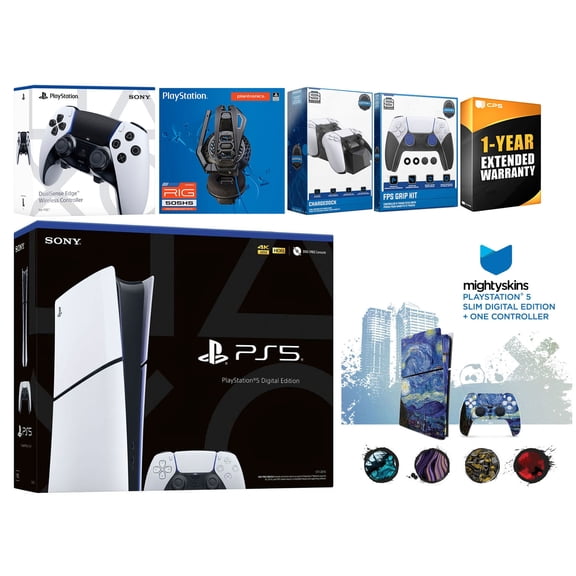 Sony Playstation 5 Slim Digital Bundle with Extra EDGE Controller, Plantronics Headset, FPS Grip Kit, Dual Charge Dock and MightySkins Decal Voucher Plus 1 Year CPS Extended Warranty