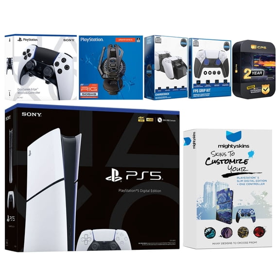 Sony Playstation 5 Slim Digital Bundle with Extra EDGE Controller, Plantronics Headset, FPS Grip Kit, Dual Charge Dock and MightySkins Decal Voucher Plus 2 Year CPS Extended Warranty