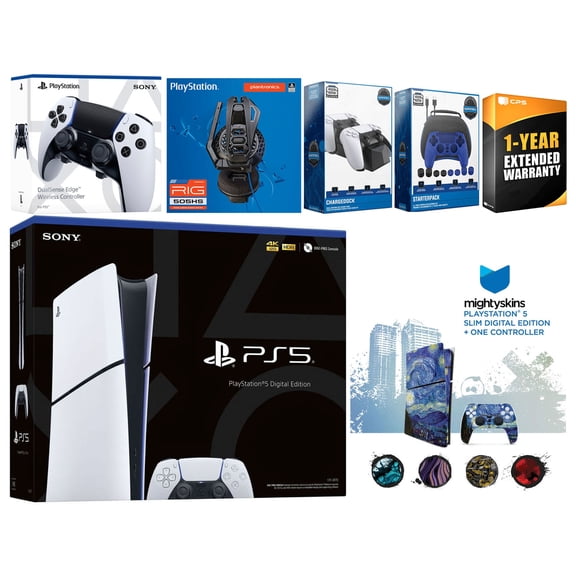 Sony Playstation 5 Slim Digital Bundle with Extra EDGE Controller, Plantronics Headset, Gamer Kit, Dual Charge Dock and MightySkins Decal Voucher Plus 1 Year CPS Extended Warranty