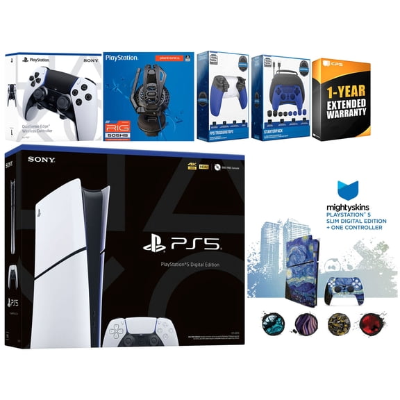 Sony Playstation 5 Slim Digital Bundle with Extra EDGE Controller, Plantronics Headset, Gamer Kit, Trigger Kit and MightySkins Decal Voucher Plus 1 Year CPS Extended Warranty