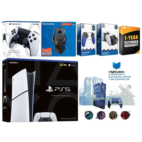 Sony Playstation 5 Slim Digital Bundle with Extra EDGE Controller, Plantronics Headset, Trigger Stop Kit, Dual Charge Dock and MightySkins Decal Voucher Plus 1 Year CPS Extended Warranty