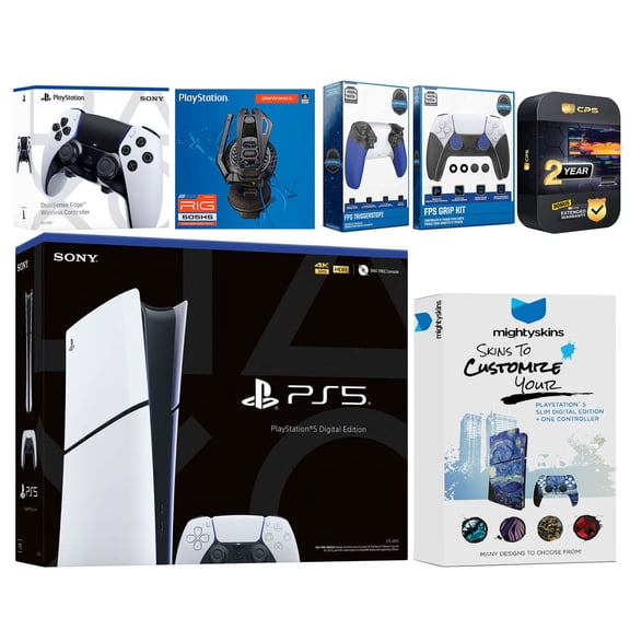 Sony Playstation 5 Slim Digital Bundle with Extra EDGE Controller, Plantronics Headset, Trigger Stop Kit, FPS Grip Kit and MightySkins Decal Voucher Plus 2 Year CPS Extended Warranty