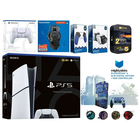 Sony Playstation 5 Slim Digital with Extra Chroma Pearl Controller, Plantronics Headset, Trigger Stop Kit, Charge Dock and MightySkins Decal Voucher + 2 Year CPS Extended Warranty