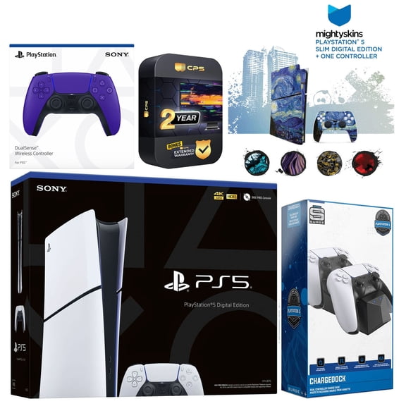 Sony Playstation 5 Slim Digital with Extra Galactic Purple Controller, Dual Charging Dock and MightySkins Decal Voucher Plus 2 Year CPS Extended Warranty