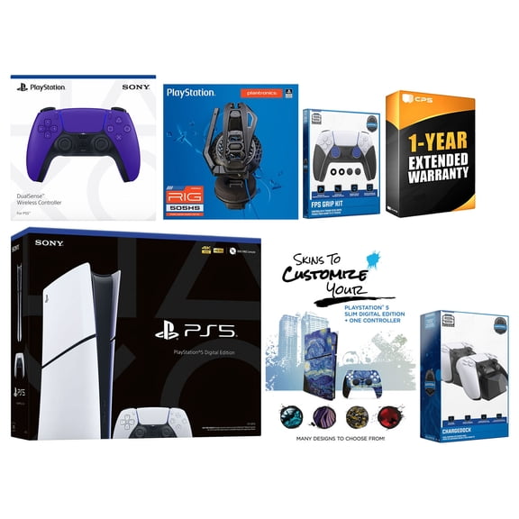 Sony Playstation 5 Slim Digital with Extra Galactic Purple Controller, Plantronics Headset, FPS Grip Kit, Charge Dock and MightySkins Decal Voucher + 1 Year CPS Extended Warranty