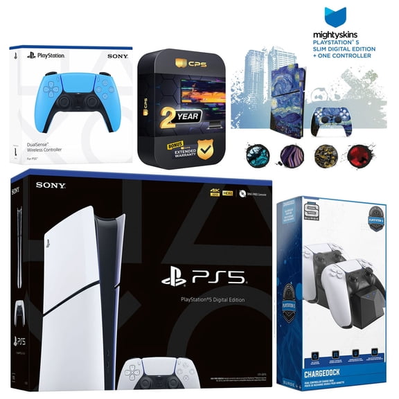 Sony Playstation 5 Slim Digital with Extra Starlight Blue Controller, Dual Charging Dock and MightySkins Decal Voucher Plus 2 Year CPS Extended Warranty