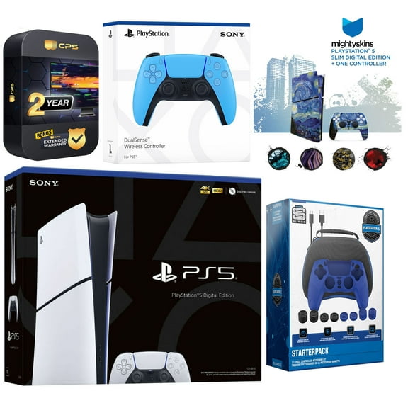 Sony Playstation 5 Slim Digital with Extra Starlight Blue Controller, Gamer Starter Kit and MightySkins Decal Voucher Plus 2 Year CPS Extended Warranty