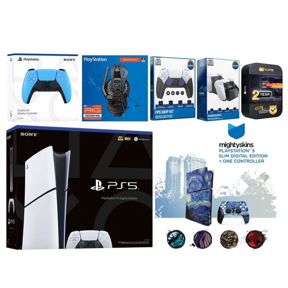 Sony Playstation 5 Slim Digital with Extra Starlight Blue Controller, Plantronics Headset, FPS Grip Kit, Charge Dock and MightySkins Decal Voucher + 2 Year CPS Extended Warranty