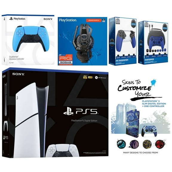 Sony Playstation 5 Slim Digital with Extra Starlight Blue Controller, Plantronics Headset, Gamer Kit, Trigger Kit and MightySkins Decal Voucher + 1 Year CPS Extended Warranty