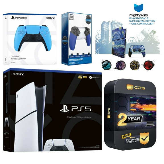 Sony Playstation 5 Slim Digital with Extra Starlight Blue Controller, Trigger Stop Kit and MightySkins Decal Voucher Plus 2 Year CPS Extended Warranty