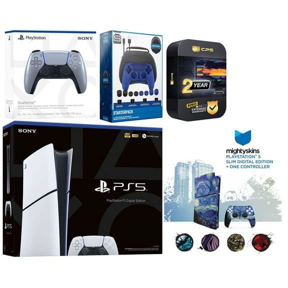 Sony Playstation 5 Slim Digital with Extra Sterling Silver Controller, Gamer Starter Kit and MightySkins Decal Voucher Plus 2 Year CPS Extended Warranty