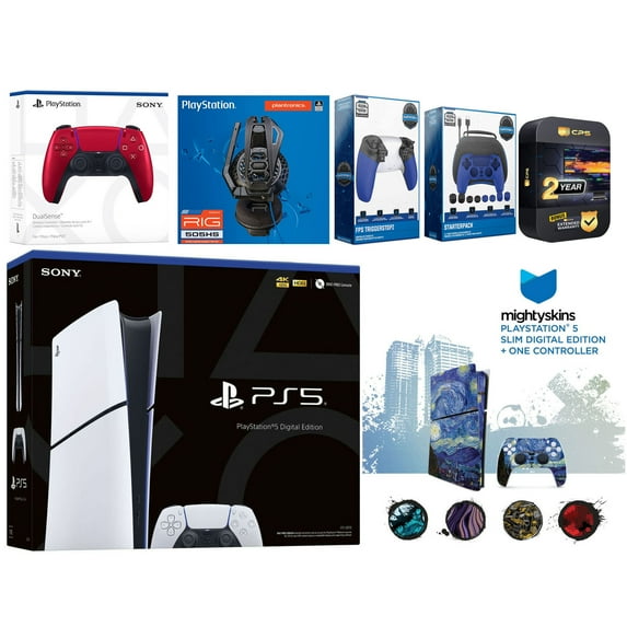 Sony Playstation 5 Slim Digital with Extra Volcanic Red Controller, Plantronics Headset, Gamer Kit, Trigger Kit and MightySkins Decal Voucher + 2 Year CPS Extended Warranty